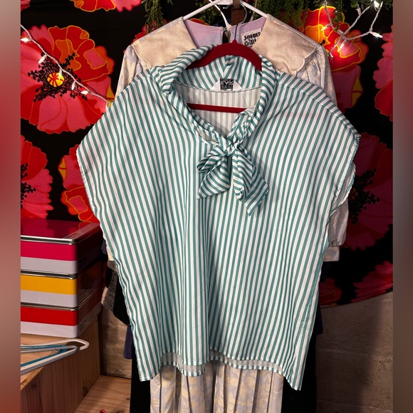 Blair Tops - LINDSAY'S CLOSET #15 1980's Blair Green and White Striped Tie Neck Blouse